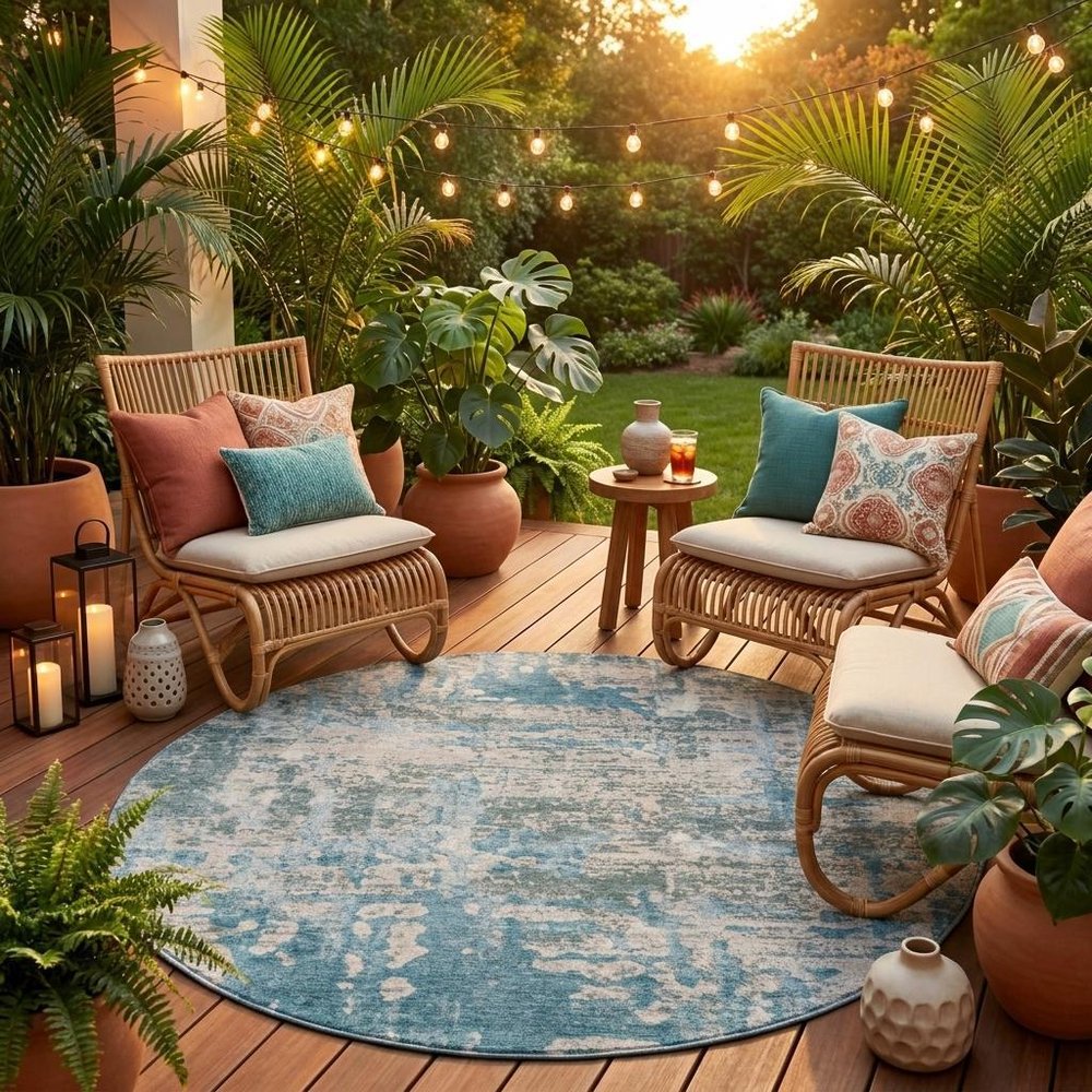 8' Teal Blue And Pewter Round Abstract Washable Indoor Outdoor Area Rug HomeRoots