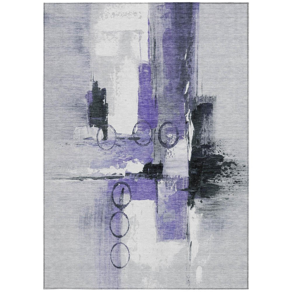 9' X 12' Purple And Silver Abstract Washable Indoor Outdoor Area Rug