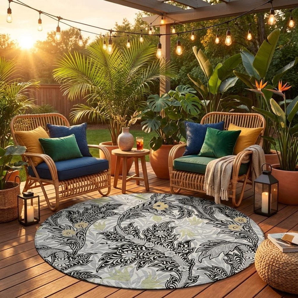 8' Black And Gray Round Botanical Leaves Washable Indoor Outdoor Area Rug HomeRoots