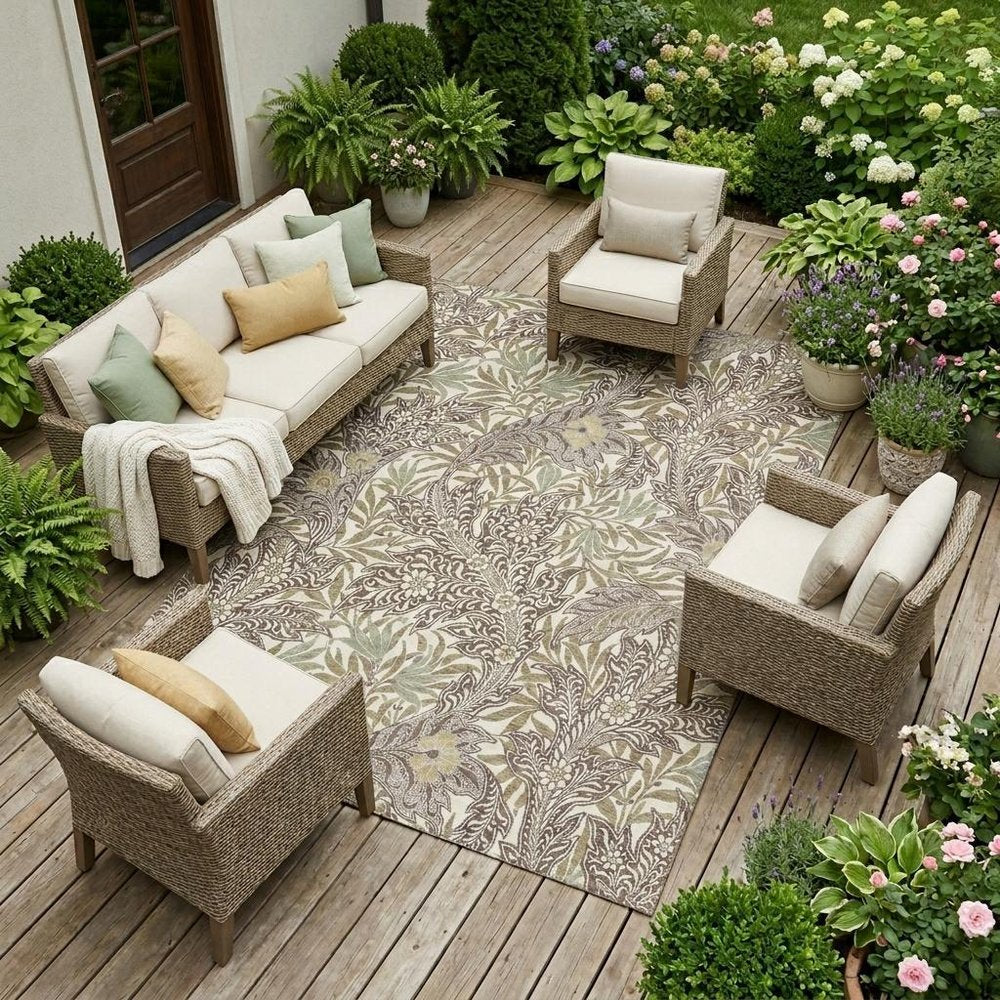 9' X 12' Coffee And Brown Botanical Leaves Washable Indoor Outdoor Area Rug HomeRoots