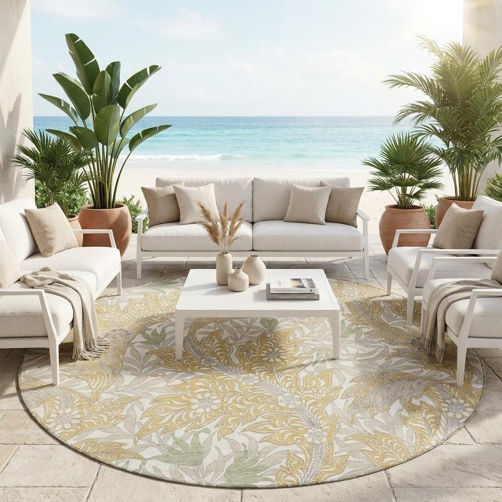8' Gold And Silver Round Botanical Leaves Washable Indoor Outdoor Area Rug HomeRoots