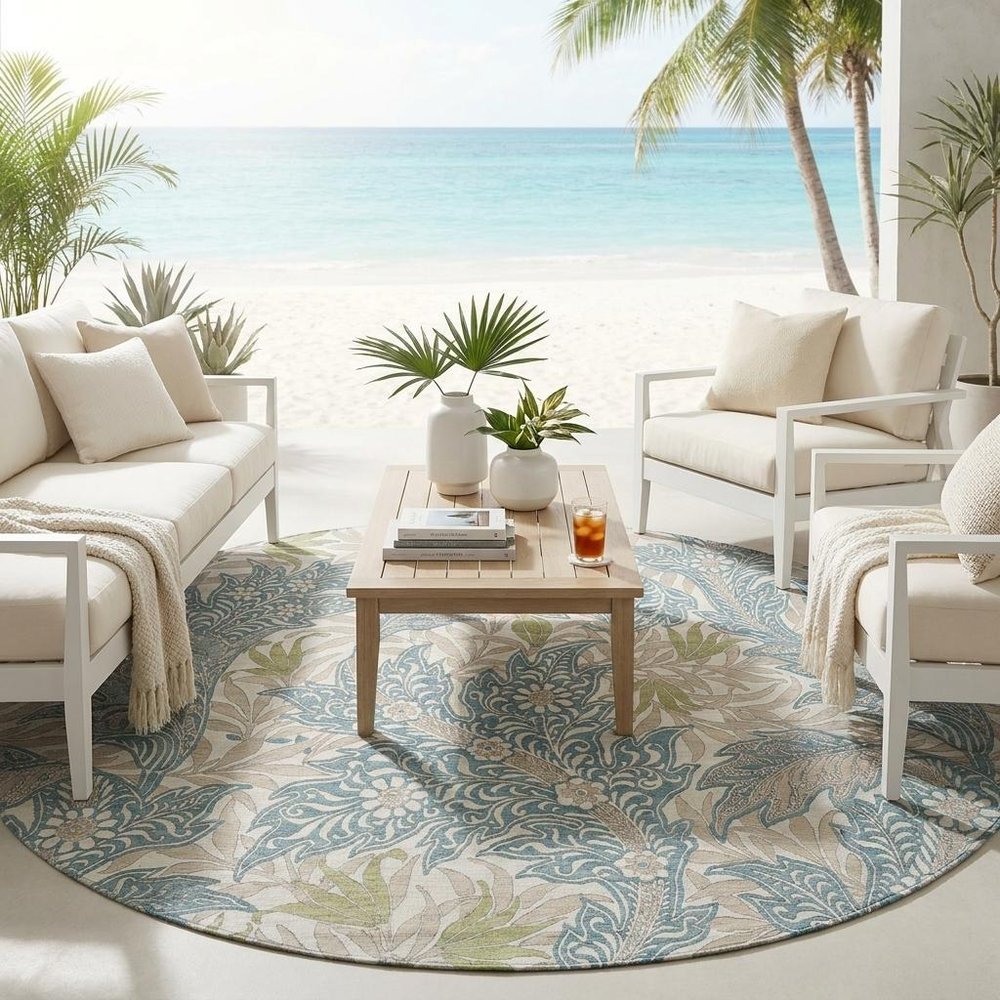 8' Teal Blue And Pewter Round Botanical Leaves Washable Indoor Outdoor Area Rug HomeRoots