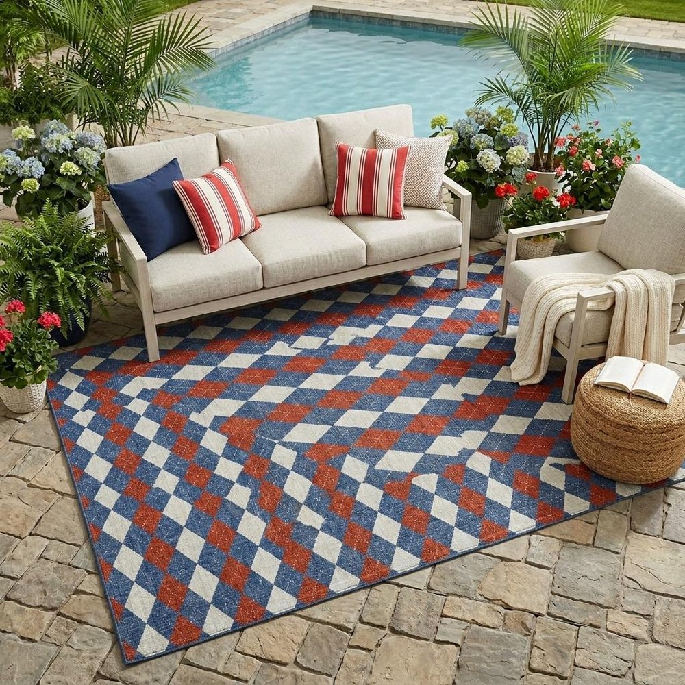 5' X 8' Blue And Ivory Geometric Washable Indoor Outdoor Area Rug HomeRoots