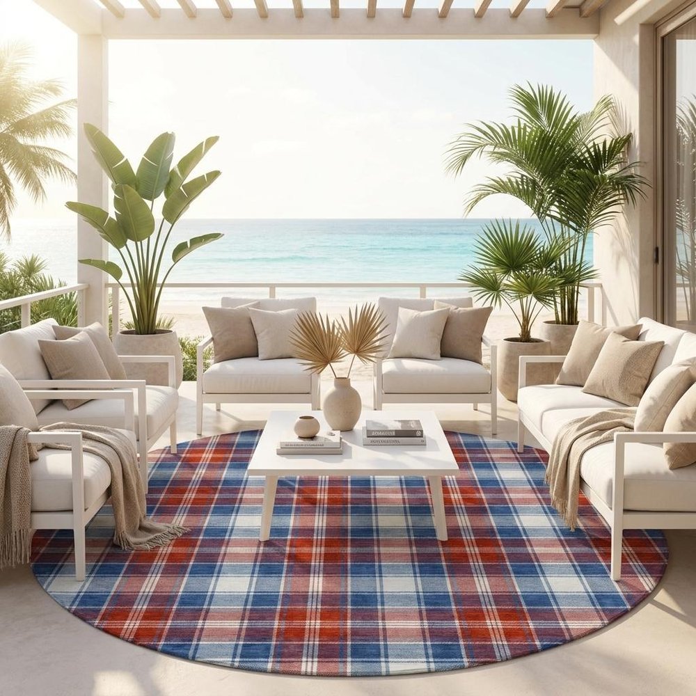 8' Blue And Ivory Round Geometric Washable Indoor Outdoor Area Rug HomeRoots