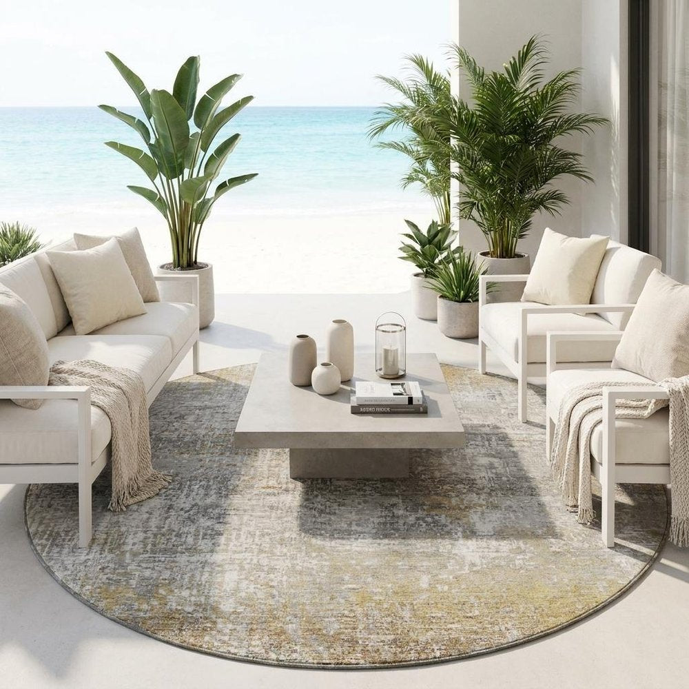 8' Gray And Khaki Round Abstract Washable Indoor Outdoor Area Rug HomeRoots