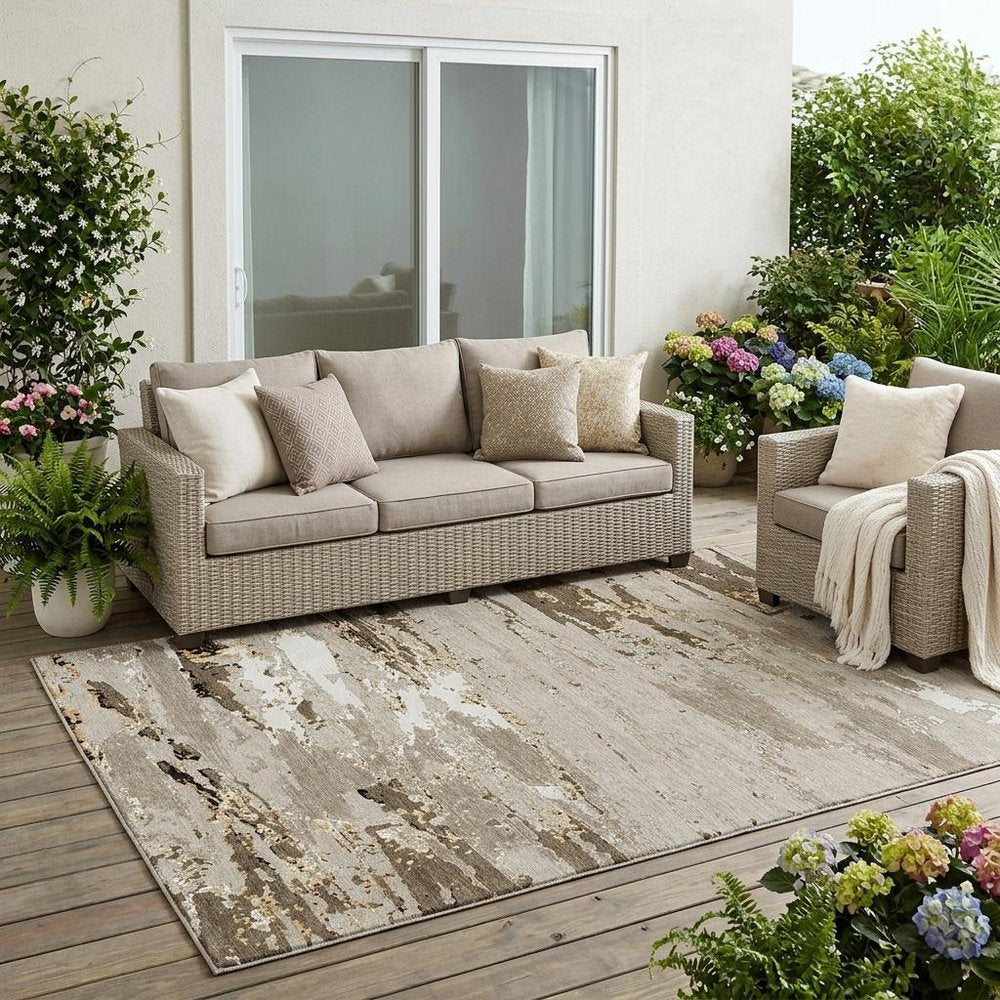 5' X 8' Beige And Brown Abstract Washable Indoor Outdoor Area Rug HomeRoots