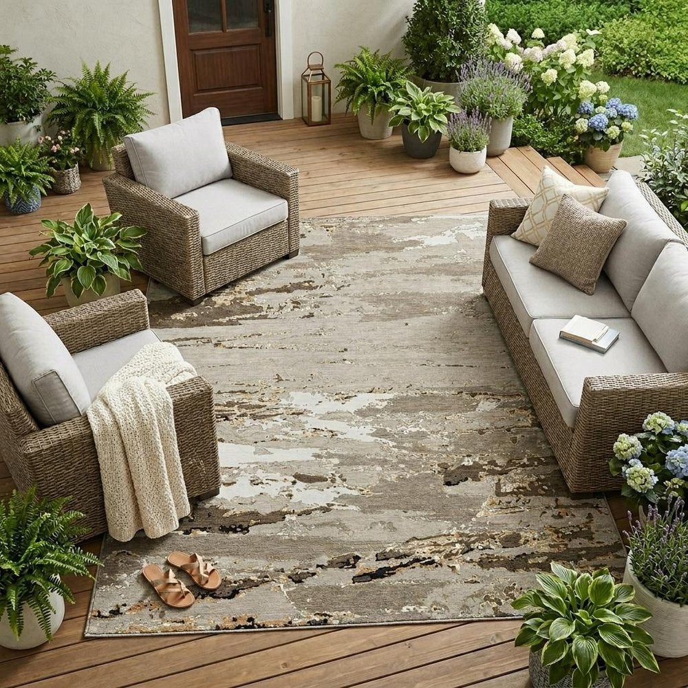 8' X 10' Beige And Brown Abstract Washable Indoor Outdoor Area Rug HomeRoots