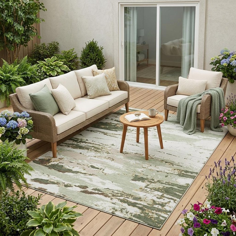 5' X 8' Green And Ivory Abstract Washable Indoor Outdoor Area Rug HomeRoots