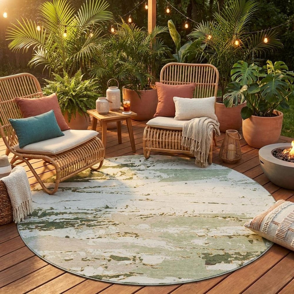 8' Green And Ivory Round Abstract Washable Indoor Outdoor Area Rug HomeRoots