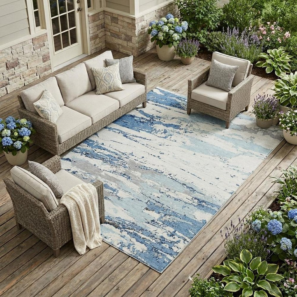 9' X 12' Sky Blue And Blue Abstract Washable Indoor Outdoor Area Rug HomeRoots