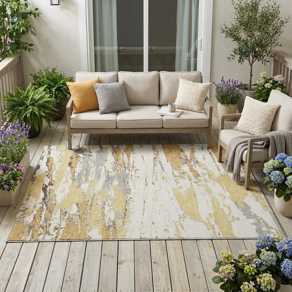 5' X 8' Wheat And Gold Abstract Washable Indoor Outdoor Area Rug HomeRoots