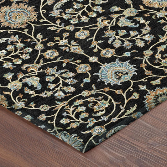 8' X 10' Black And Graphite Floral Washable Indoor Outdoor Area Rug