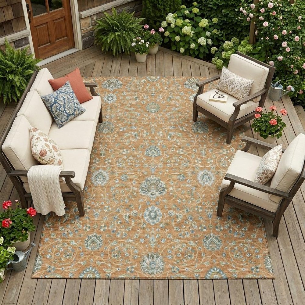 9' X 12' Copper And Orange Floral Washable Indoor Outdoor Area Rug HomeRoots