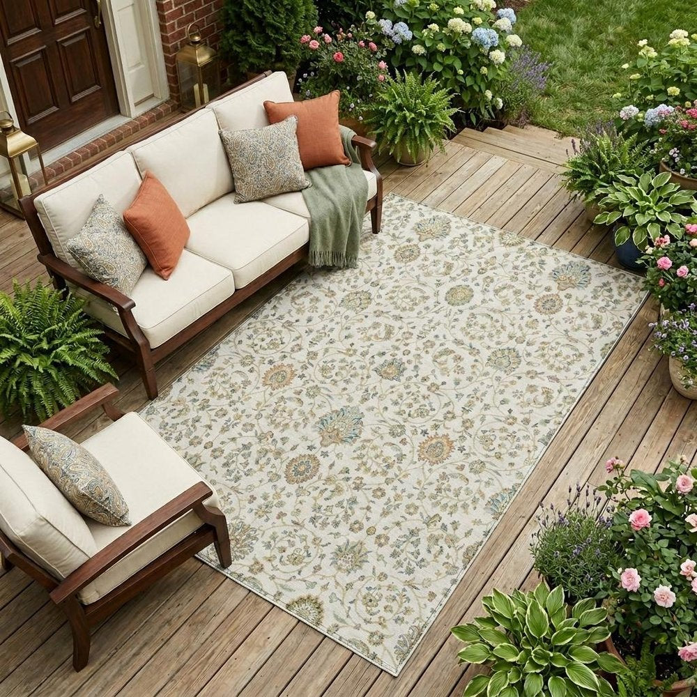 8' X 10' Ivory And Khaki Floral Washable Indoor Outdoor Area Rug HomeRoots