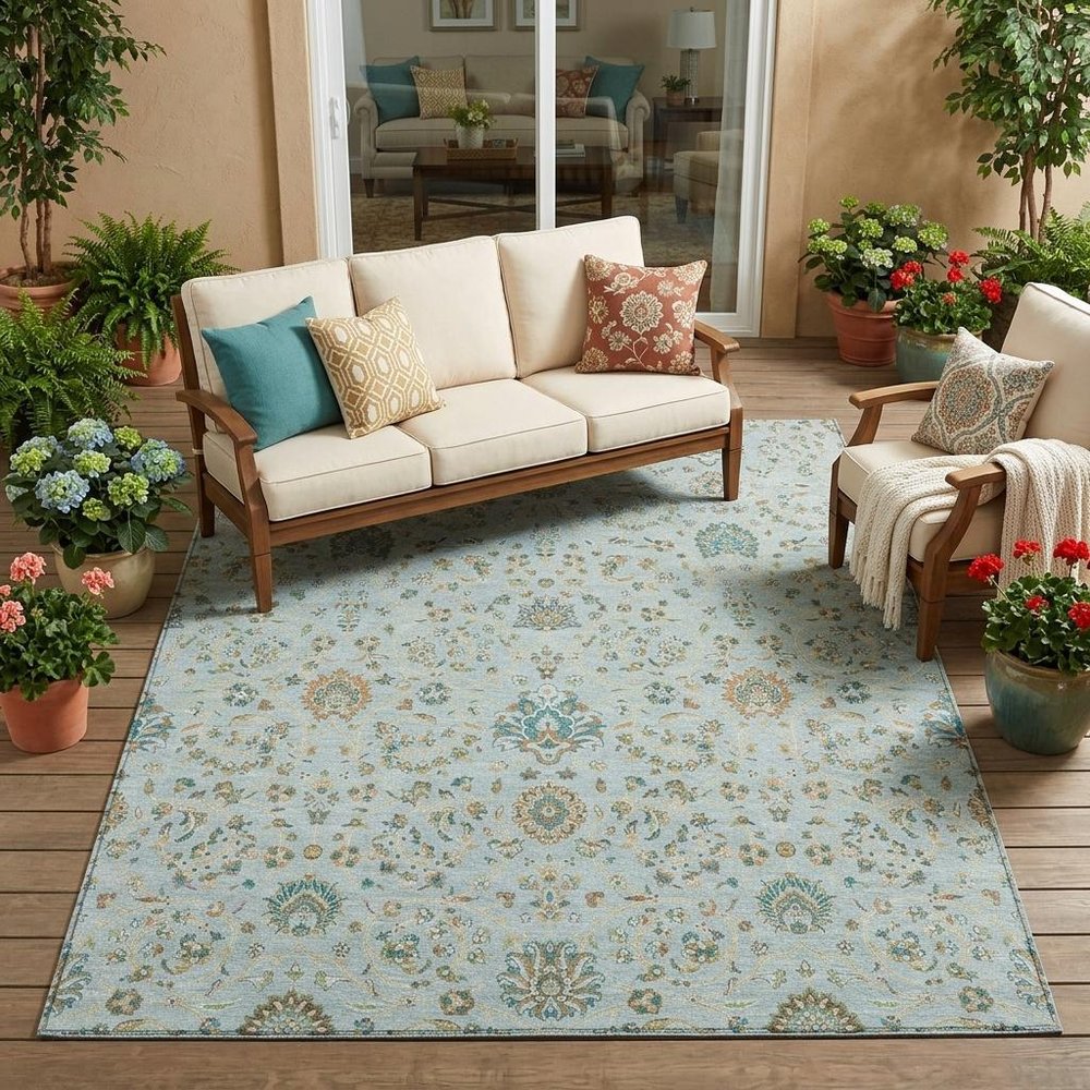 5' X 8' Sky Blue And Blue Floral Washable Indoor Outdoor Area Rug HomeRoots