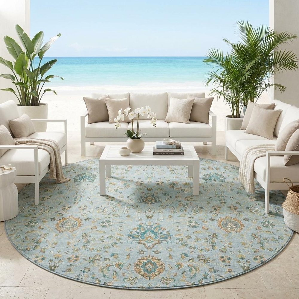 8' Sky Blue And Blue Round Floral Washable Indoor Outdoor Area Rug