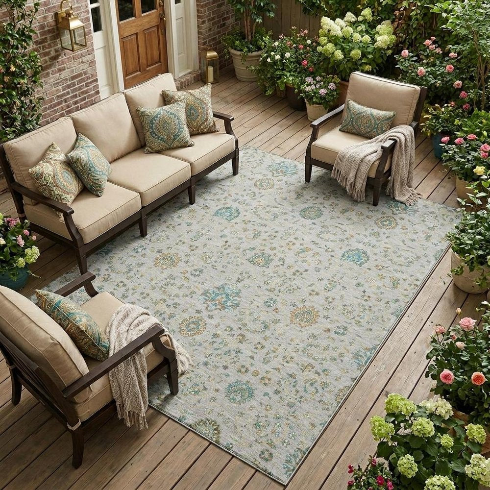 8' X 10' Silver And Gray Floral Washable Indoor Outdoor Area Rug HomeRoots
