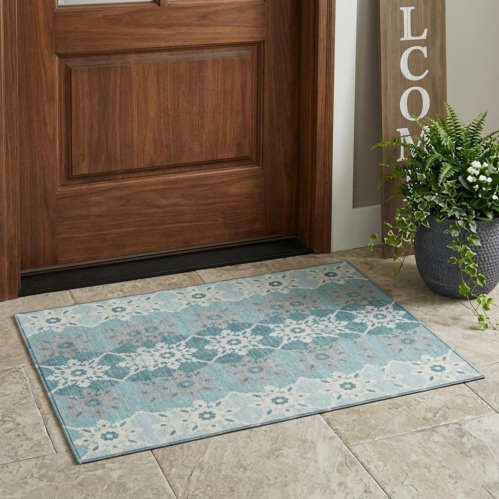 3' X 5' Aqua And Teal Blue Floral Medallion Washable Indoor Outdoor Area Rug