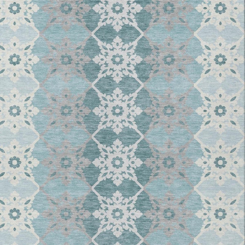 8' X 10' Aqua And Teal Blue Floral Medallion Washable Indoor Outdoor Area Rug