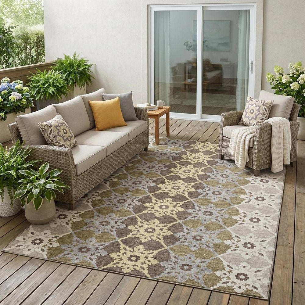 5' X 8' Brown And Pewter Floral Medallion Washable Indoor Outdoor Area Rug HomeRoots
