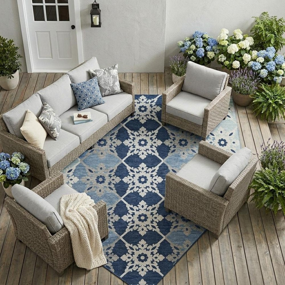 8' X 10' Blue And Pewter Floral Medallion Washable Indoor Outdoor Area Rug HomeRoots