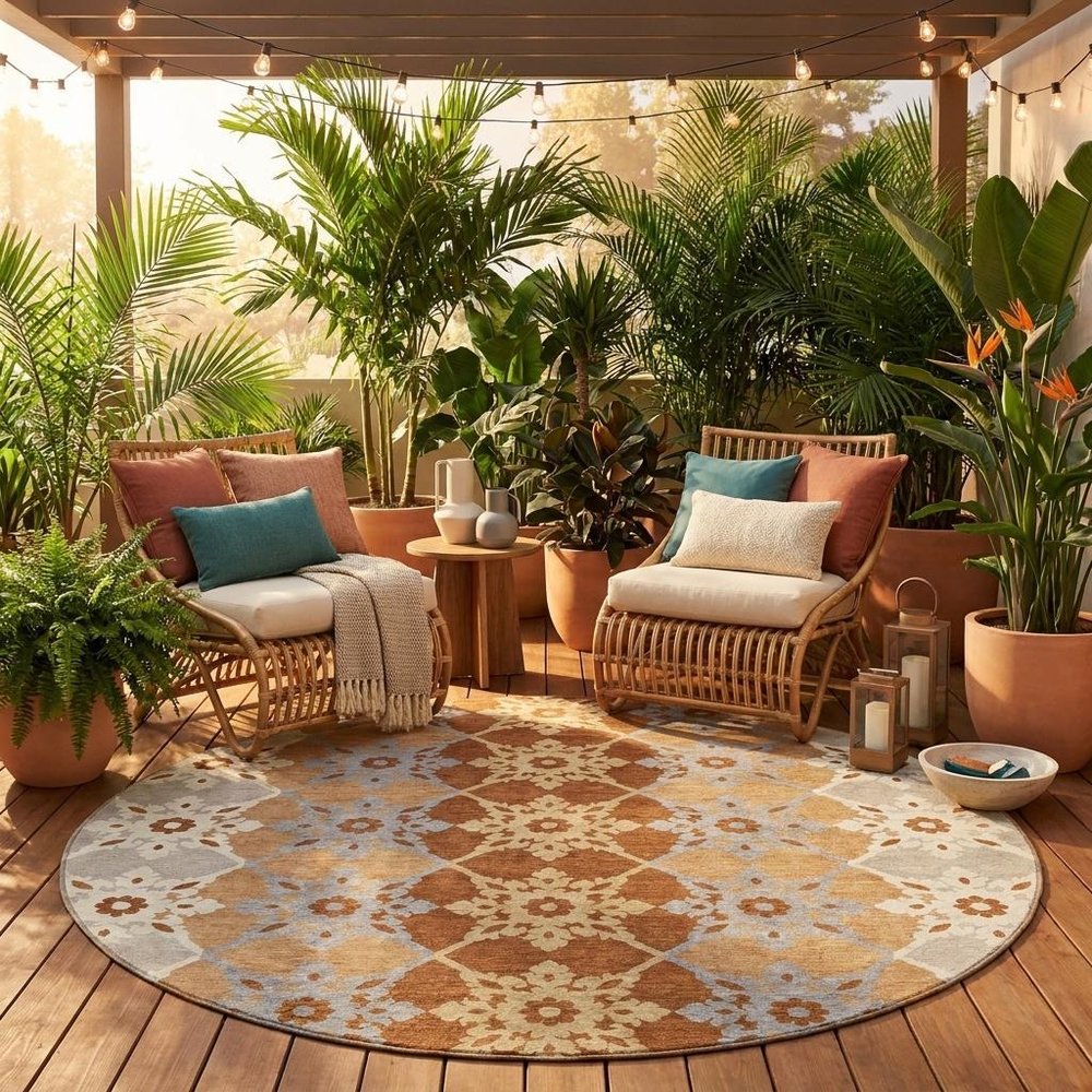 8' Copper And Orange Round Floral Medallion Washable Indoor Outdoor Area Rug HomeRoots