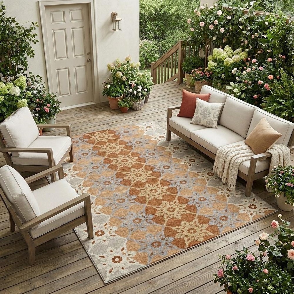 8' X 10' Copper And Orange Floral Medallion Washable Indoor Outdoor Area Rug HomeRoots