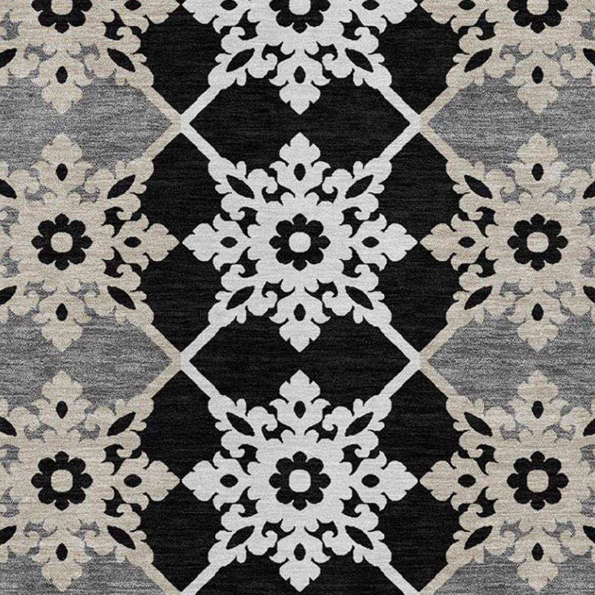 10' X 14' Gray And Pewter Floral Medallion Washable Indoor Outdoor Area Rug