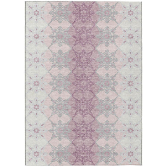5' X 8' Pink And Pearl Floral Medallion Washable Indoor Outdoor Area Rug