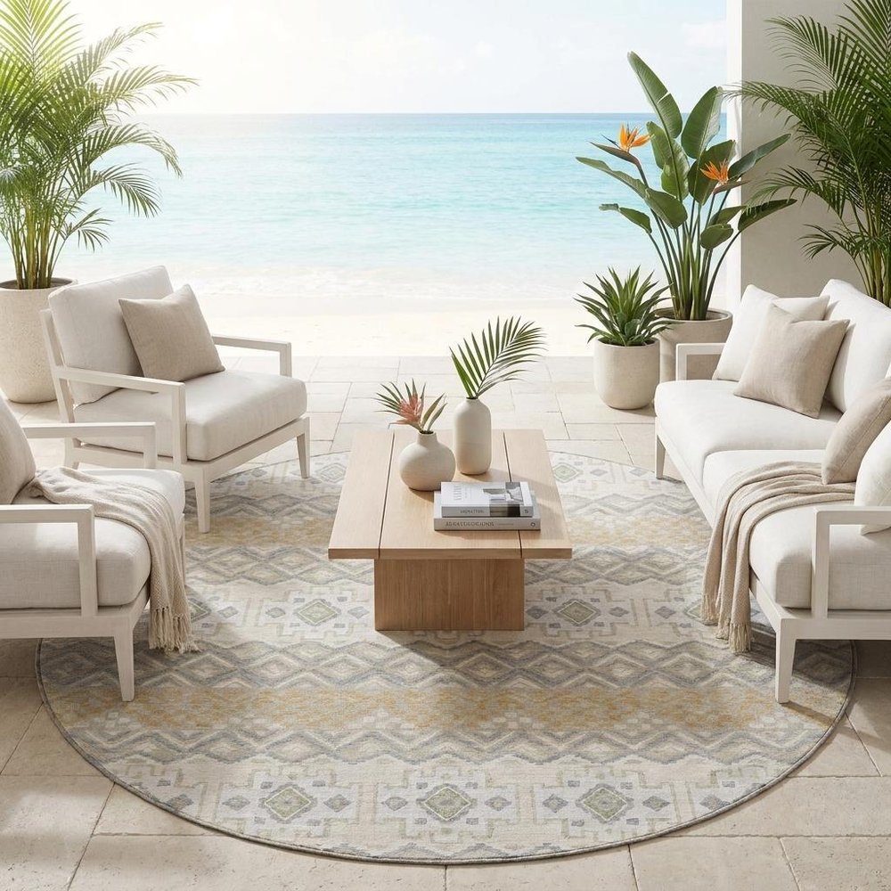 8' Beige And Brown Round Striped Washable Indoor Outdoor Area Rug HomeRoots