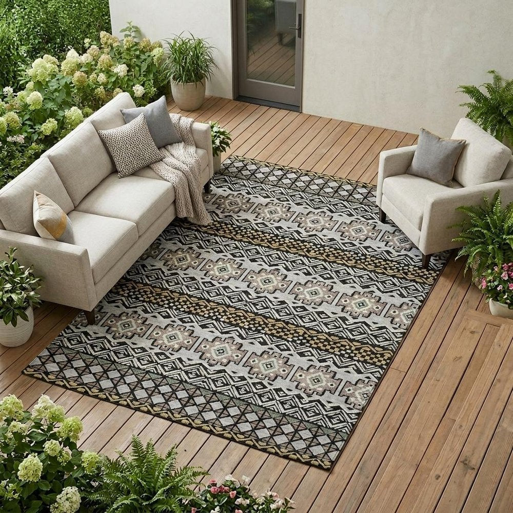 10' X 14' Black And Gray Striped Washable Indoor Outdoor Area Rug HomeRoots