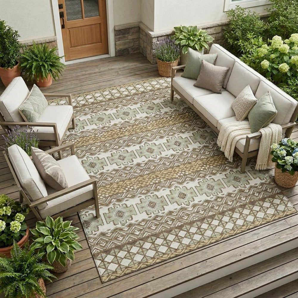 8' X 10' Brown And Khaki Striped Washable Indoor Outdoor Area Rug HomeRoots