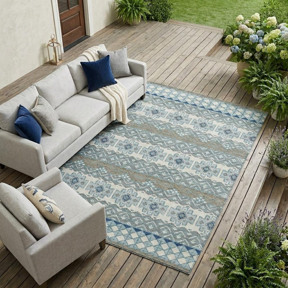 8' X 10' Teal Blue And Pewter Striped Washable Indoor Outdoor Area Rug HomeRoots