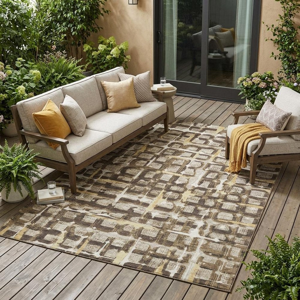 5' X 8' Beige And Brown Geometric Washable Indoor Outdoor Area Rug HomeRoots