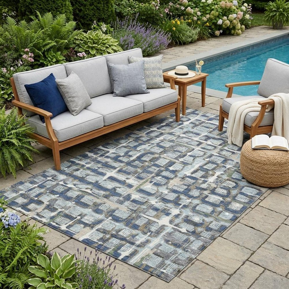 5' X 8' Blue And Gray Geometric Washable Indoor Outdoor Area Rug HomeRoots