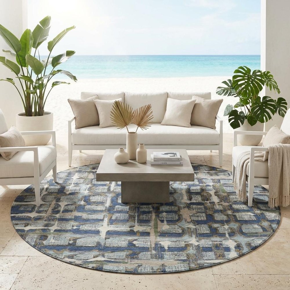 8' Blue And Gray Round Geometric Washable Indoor Outdoor Area Rug HomeRoots