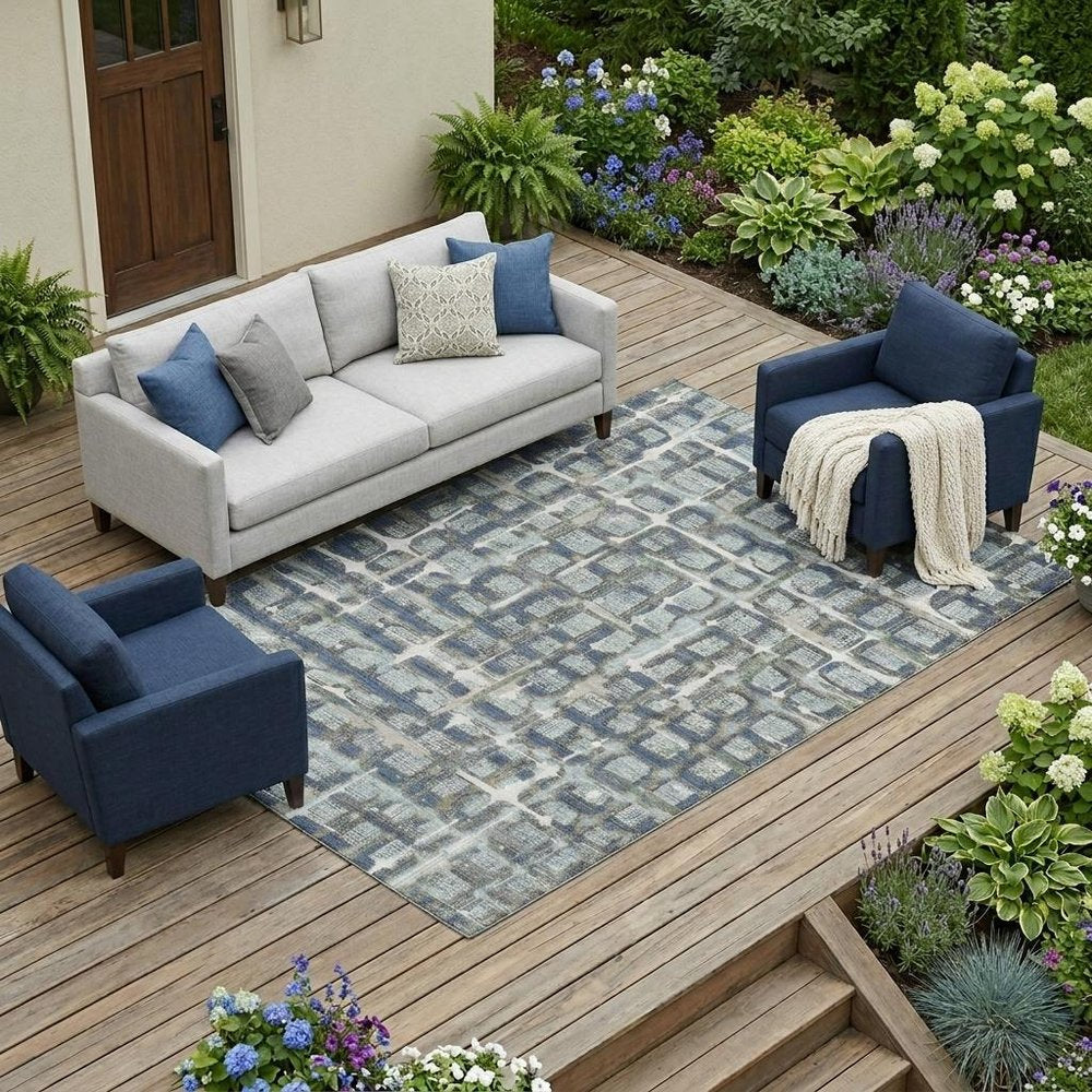 9' X 12' Blue And Gray Geometric Washable Indoor Outdoor Area Rug HomeRoots