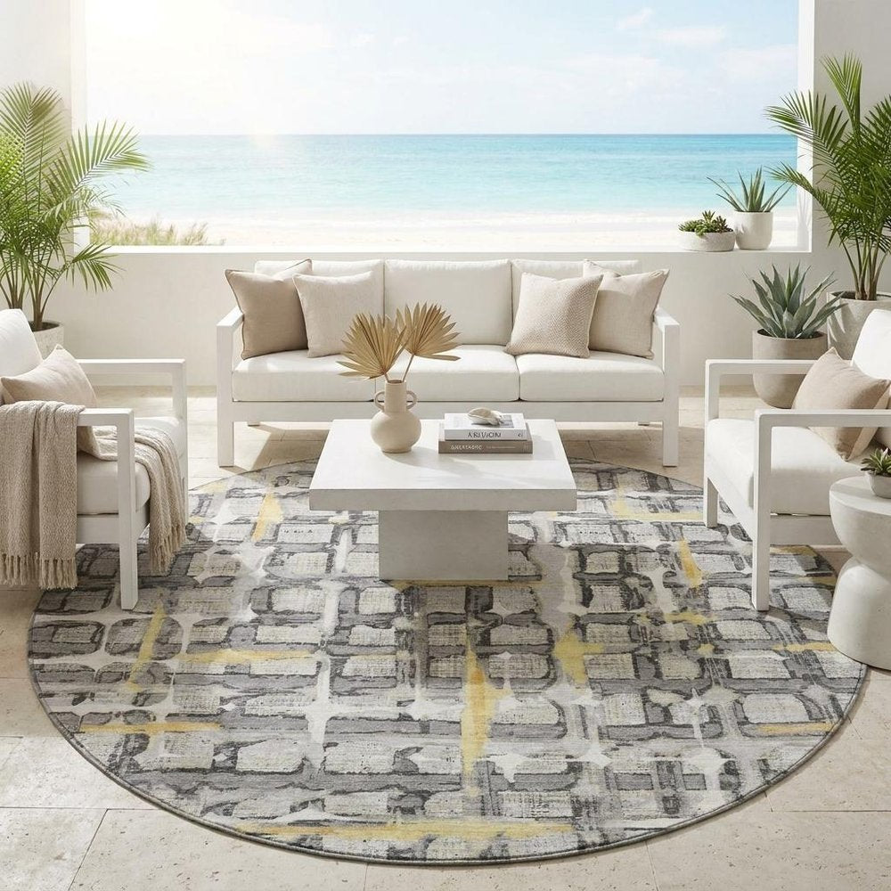 8' Silver And Gray Round Geometric Washable Indoor Outdoor Area Rug HomeRoots