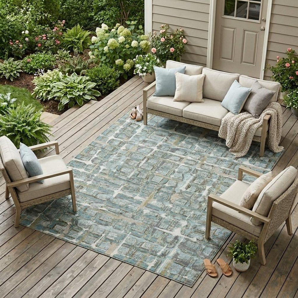 10' X 14' Teal Blue And Pewter Geometric Washable Indoor Outdoor Area Rug HomeRoots