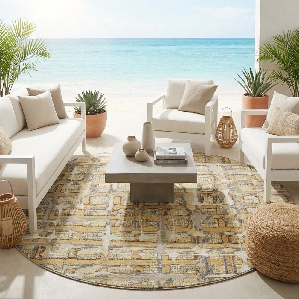 8' Wheat And Gold Round Geometric Washable Indoor Outdoor Area Rug HomeRoots