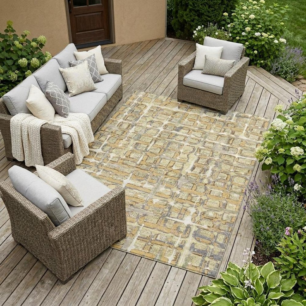 10' X 14' Wheat And Gold Geometric Washable Indoor Outdoor Area Rug HomeRoots