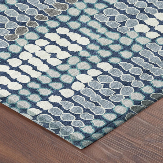 8' Navy Blue And Blue Round Geometric Washable Indoor Outdoor Area Rug