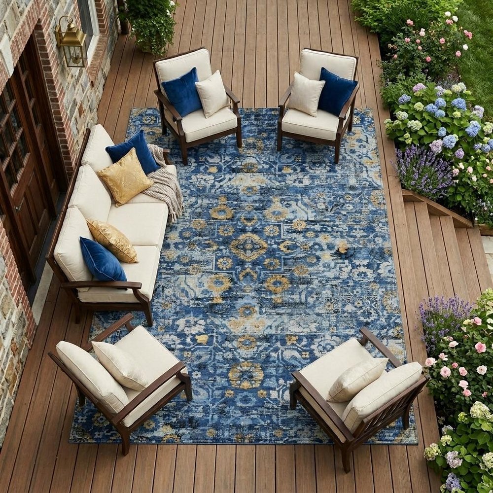 8' X 10' Navy Blue And Blue Floral Medallion Washable Indoor Outdoor Area Rug HomeRoots