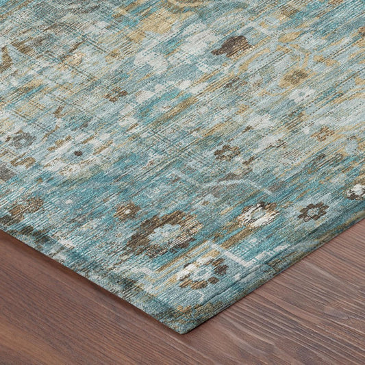 8' X 10' Teal Blue And Pewter Floral Medallion Washable Indoor Outdoor Area Rug