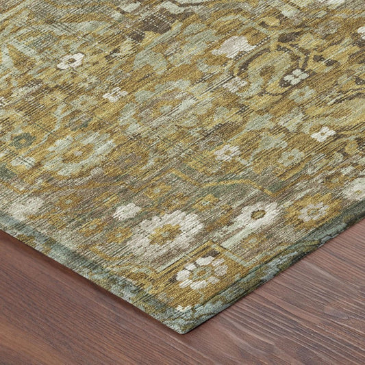 5' X 8' Walnut And Gold Floral Medallion Washable Indoor Outdoor Area Rug