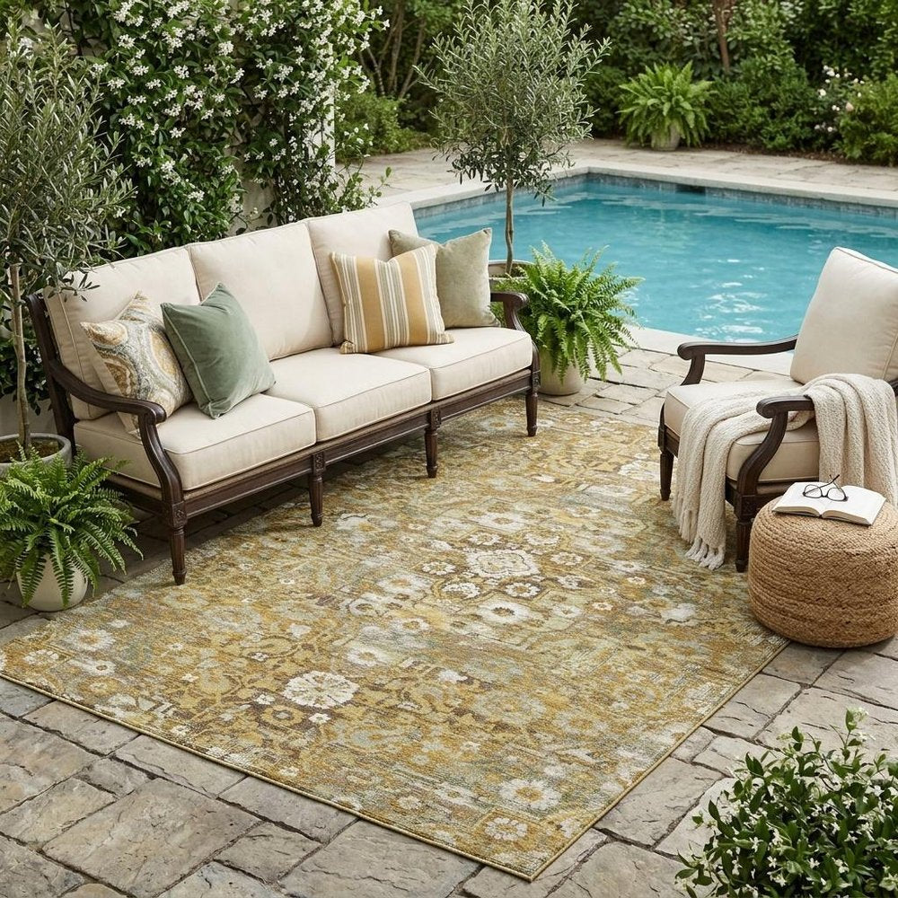 5' X 8' Walnut And Gold Floral Medallion Washable Indoor Outdoor Area Rug HomeRoots