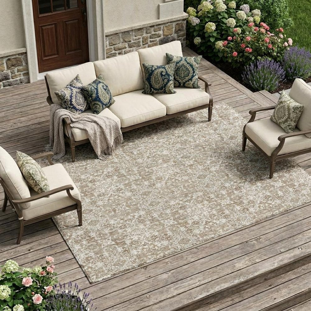 10' X 14' Beige And Brown Damask Washable Indoor Outdoor Area Rug HomeRoots