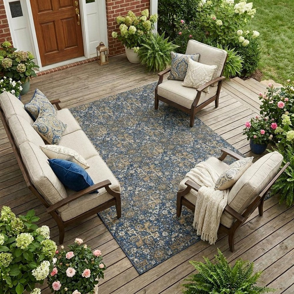 9' X 12' Navy Blue And Blue Damask Washable Indoor Outdoor Area Rug HomeRoots