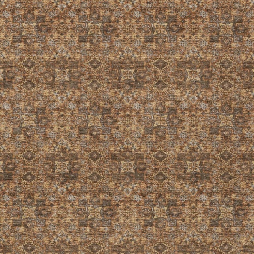 9' X 12' Orange And Brown Damask Washable Indoor Outdoor Area Rug