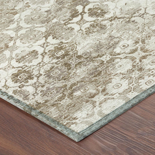 3' X 5' Beige And Brown Floral Medallion Washable Indoor Outdoor Area Rug
